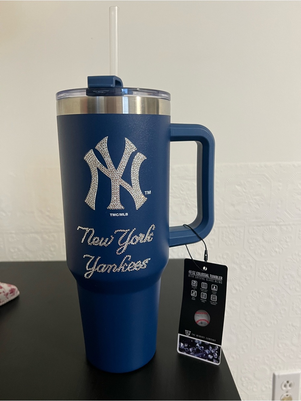 MLB New York Yankees Navy Rhinestone Blue Travel Tumbler with Handle